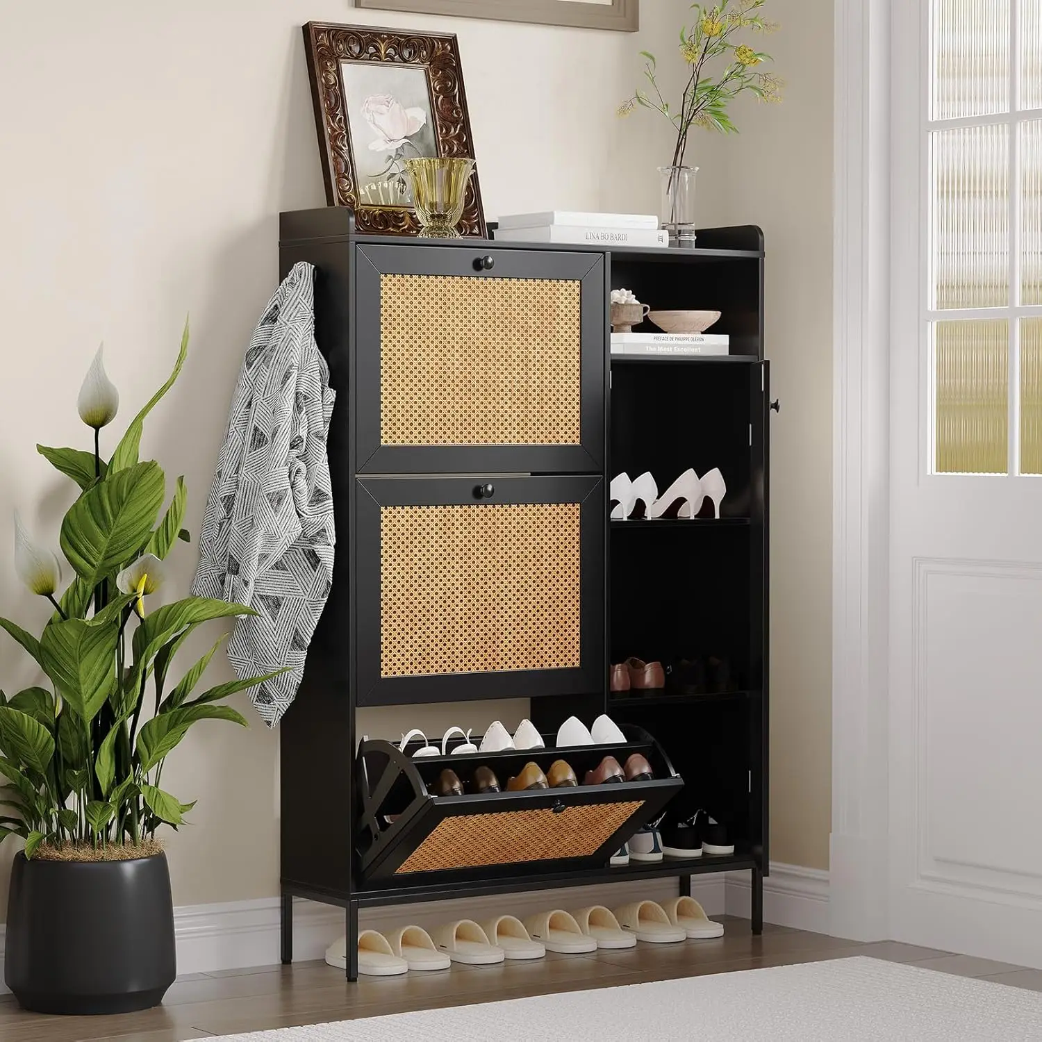 Rattan Shoe Cabinet, 3 Tier Shoe Cabinet with Flip Drawers, Free Standing Narrow Shoe Storage Organizer with Adjustable Shelves