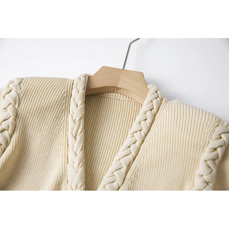 Women Mini Knit Dress with Handmade Braid Collar Luxurious Style Beige Color Brief Sheath European Lady