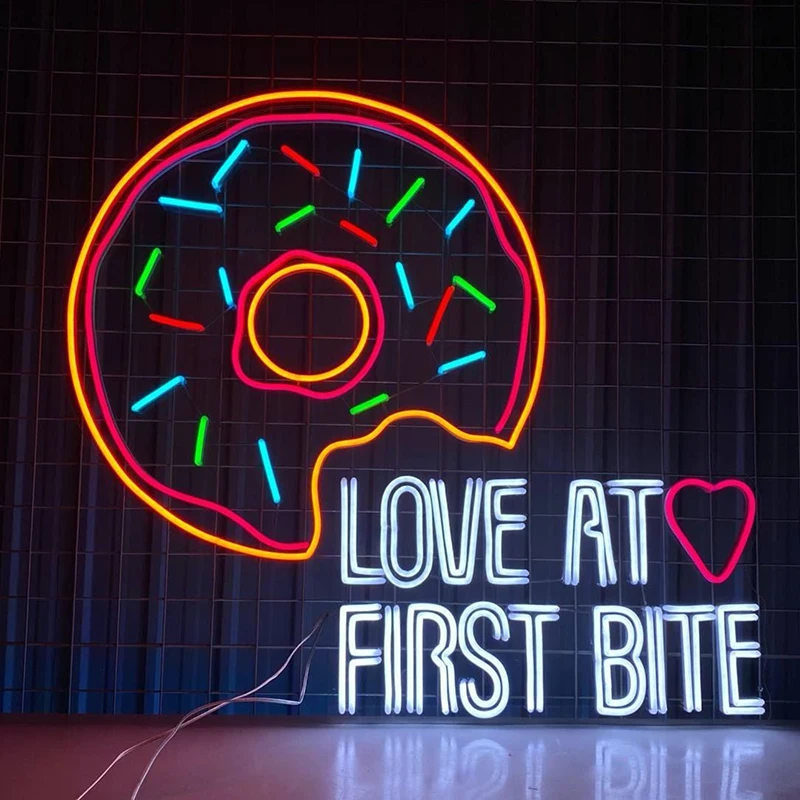 

Love At First Bite Neon Sign Custom Sweet Donut Store Wall Art Decorations Donut Bakery Neon Led Light for Donut Lover Gifts