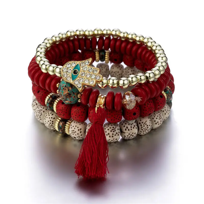 New Evil Eye Tassel Bracelet Set For Women Crystal Fatima Hand Charm Stone Beads Chain Bangle Female Bohemian Jewelry Gift