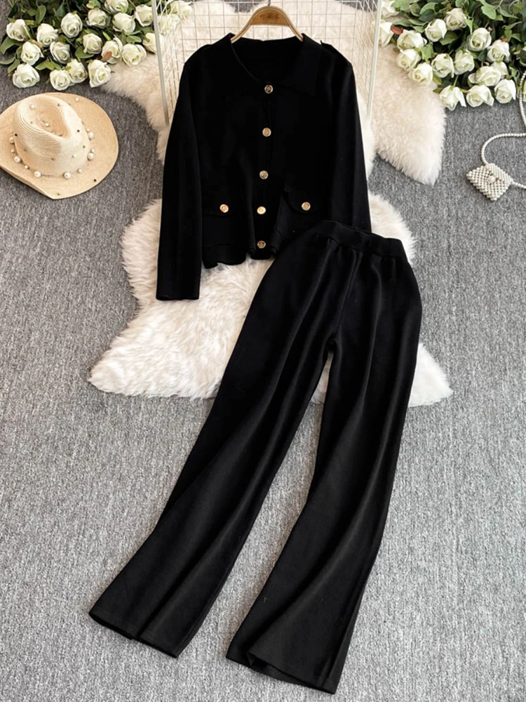 EWQ Women Loose Knitted Cardigan Sweater High Waist Slim Straight Leg Wide Leg Pants Two-piece Set Fashion Tide Autumn 2024