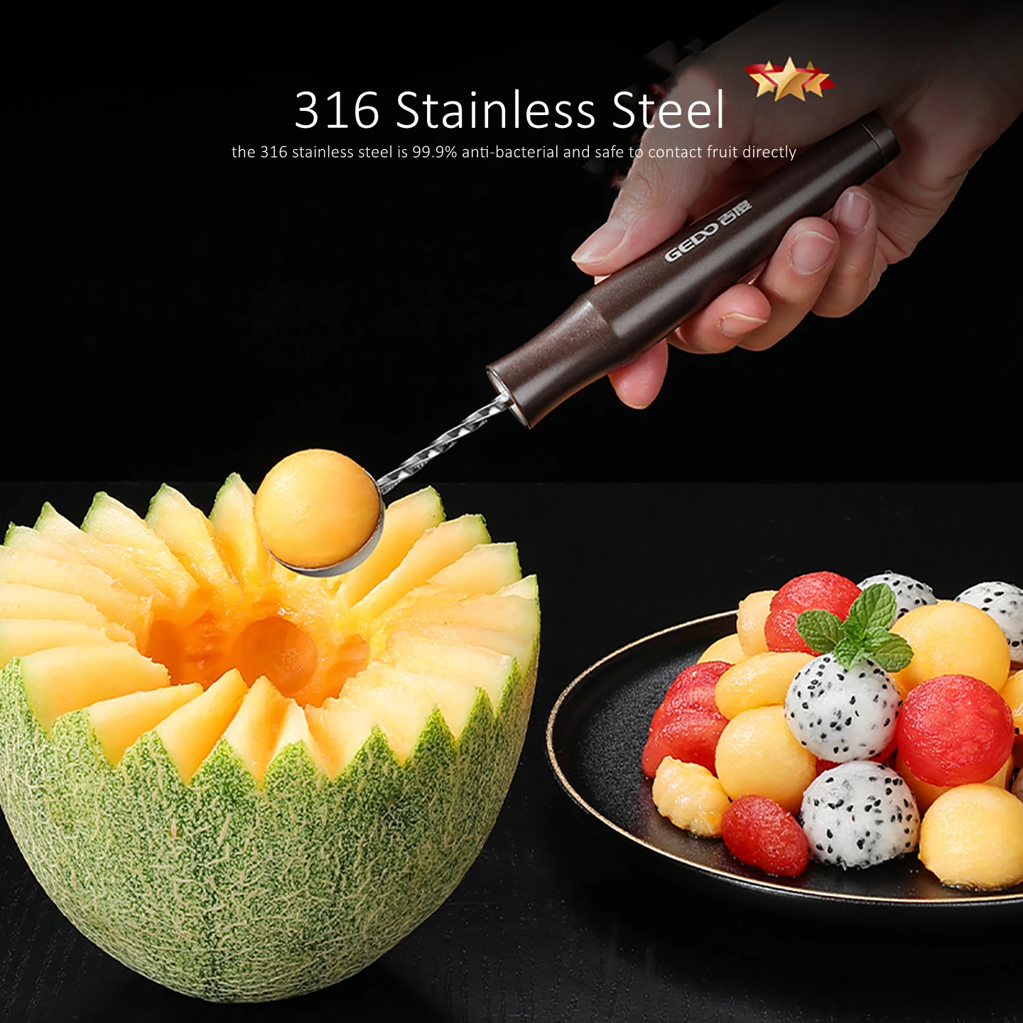 LFGB Certification 316 Stainless Steel Kitchen Fruit Bowl Modeling Tool 99.9% Anti-bacterial Non-stick Ice Cream Ball Digger
