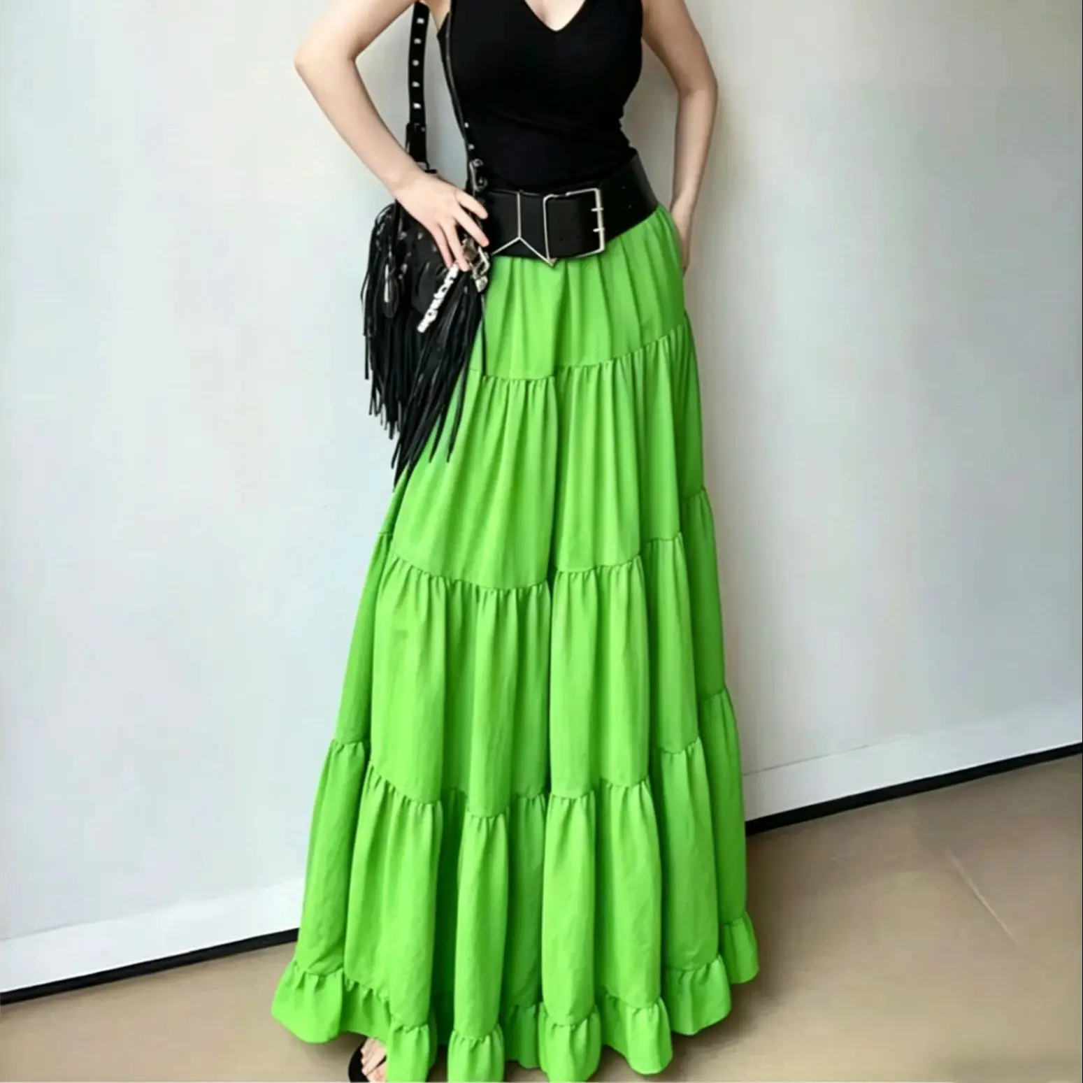 Women's Chiffon Skirt Solid Color Cake Skirt Plus Size Summer Skirts Temperament Elegant Skirts A-line Large Swing Skirt
