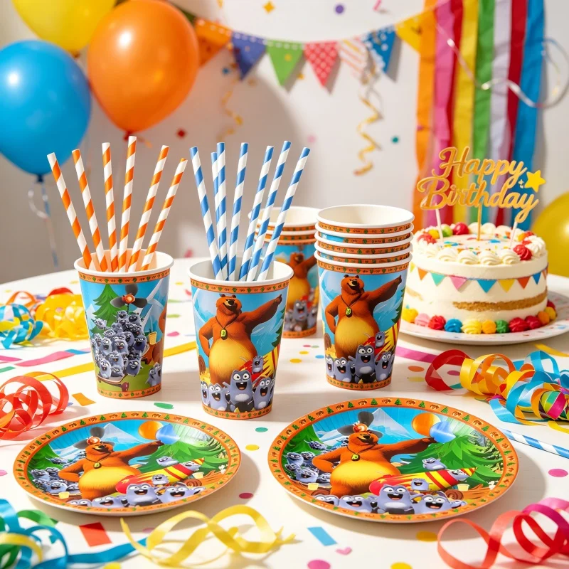 Grizzy and Lemmings Combination Cartoon Pattern Cups Plate Straws Cupcake Honeycomb Background Decor Birthday Party Arrangements