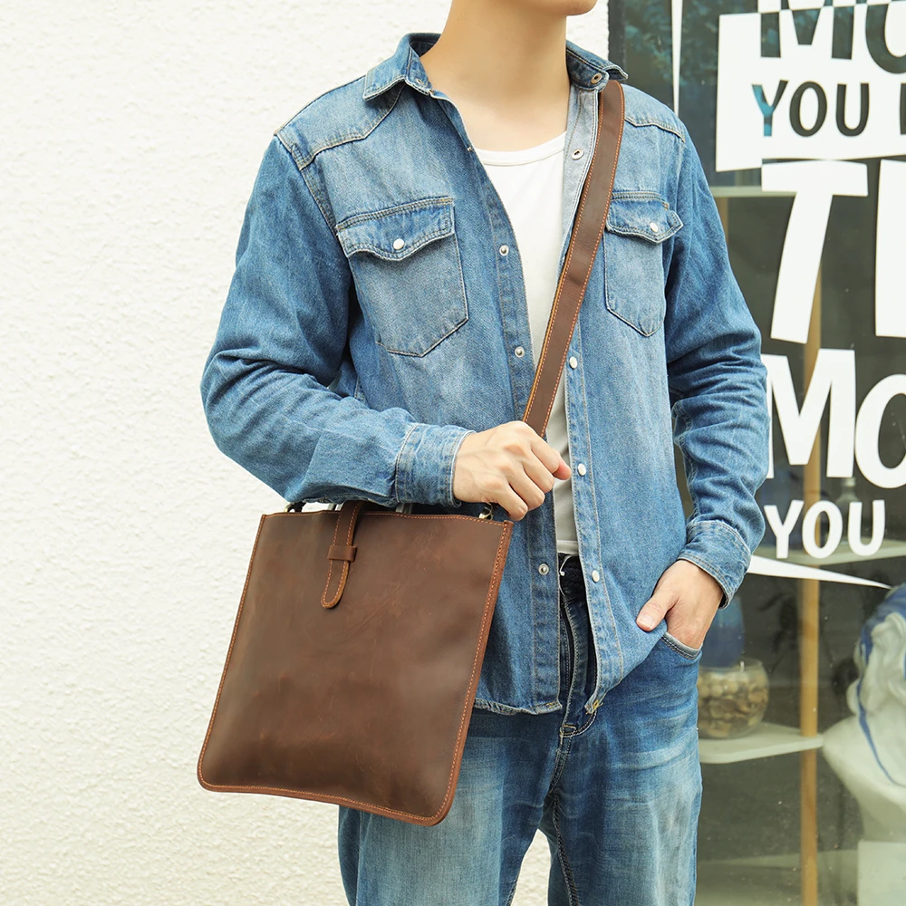 Luxury Crazy Horse Leather Men Thin Laptop Handbag Messenger Bag Genuine Leather Briefcase