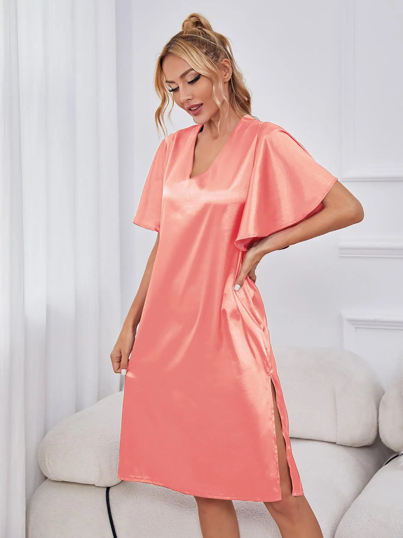 Silk Satin Women Nightgown Side Split Sexy Sleepwear V Neck Homewear Summer Short Sleeve Nightwear Dress Pajamas Underwear Cloth