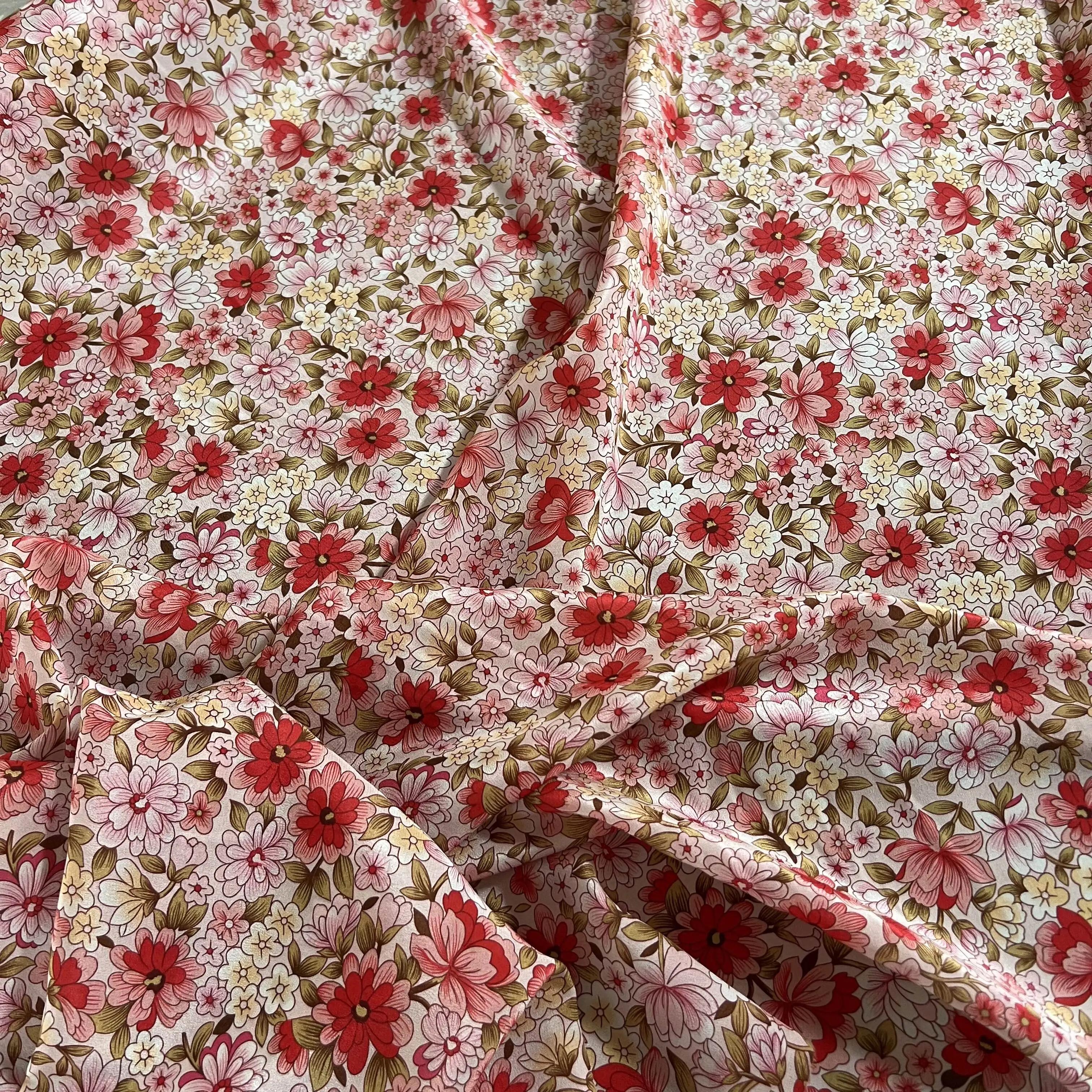 1 meter 100% Mulberry Silk 14 momme Crepe Silk Fabric Small Red Floral Printed 138cm 54