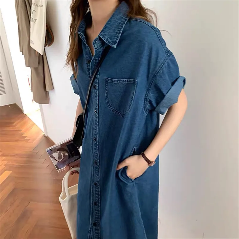 ชุดยาวผู้หญิง DENIM ชุด Streetwear กระเป๋าล้างเปิดลงปกเดี่ยว Breasted VINTAGE Vestidos Maxi ชุด 2025 ฤดูร้อน