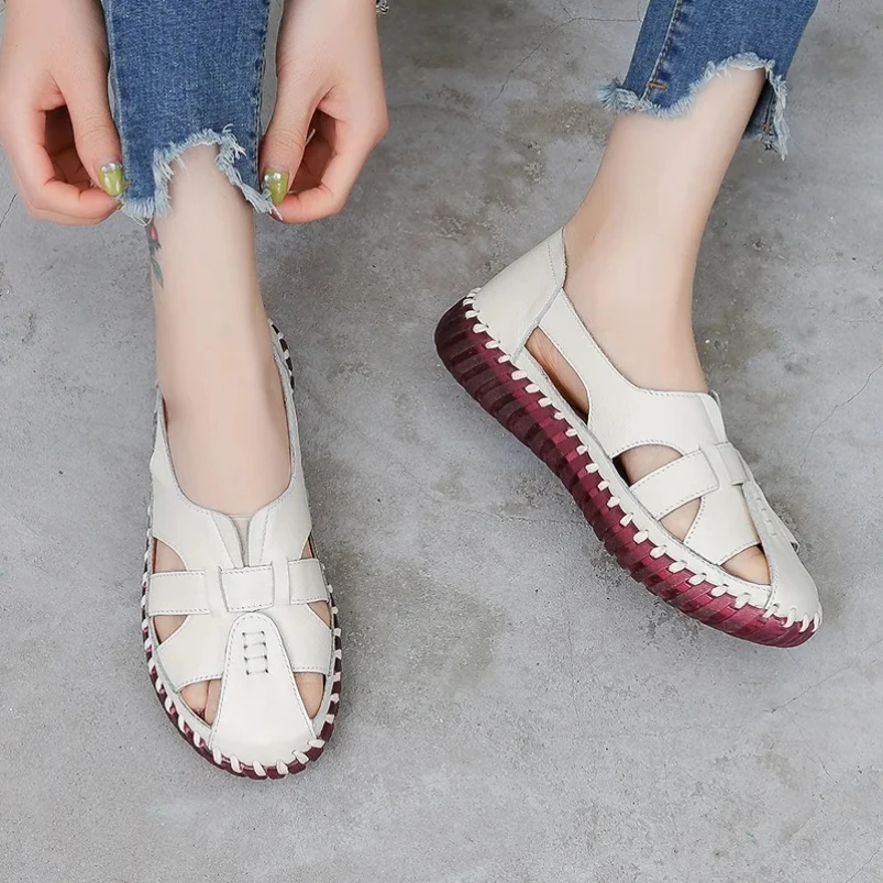 

2025 женские сандалии, летняя женская обувь ручной работы из натуральной кожи, кожаные сандалии для женщин, обувь для мам на плоской подошве в стиле ретро