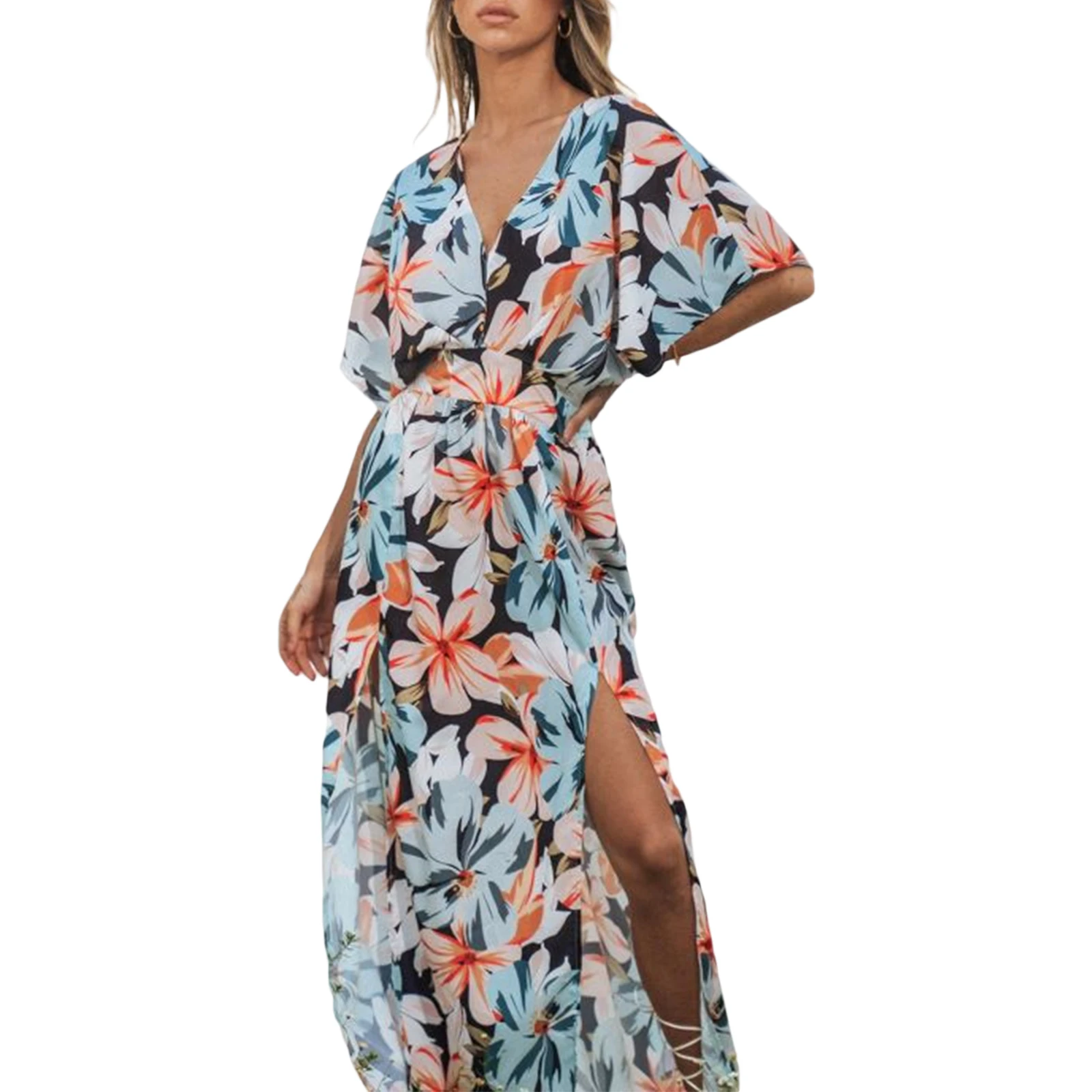 Robe longue bohème décontractée pour femmes, imprimé fleuri, col en V, manches courtes, taille haute, fendue, style Boho, mode d'été, plage, vacances