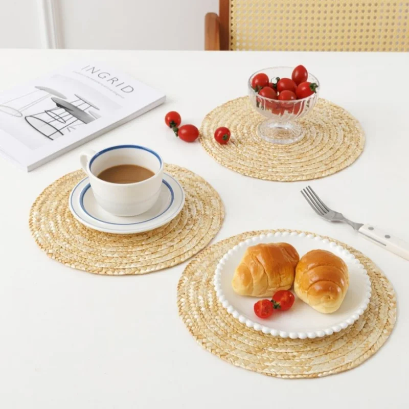 1pc Grass woven placemat straw braided insulation mat kitchen restaurant bowl cup pot mat table wedding decorative ornament
