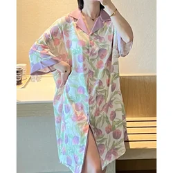 Rustic Elegant Small Fresh Purple Tulip Women's Nightskirt Y2k Summer Lady Shirt Sleepskirt 2024 New Flower Print Lounges Skirt