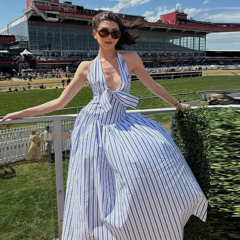 

cDeep V Neck Bow Long Halter Vestidos A Line Backless Robes 2025 New Lady Vacation Beach Clothing