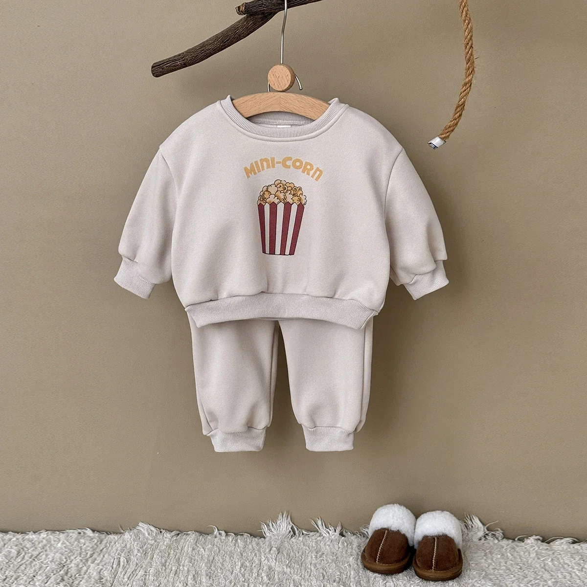 

Baby Boy Girls Popcorn Print Cotton Long Sleeved Sweatshirt+sports Loose Pants Autumn Winter Thick and Plush Set