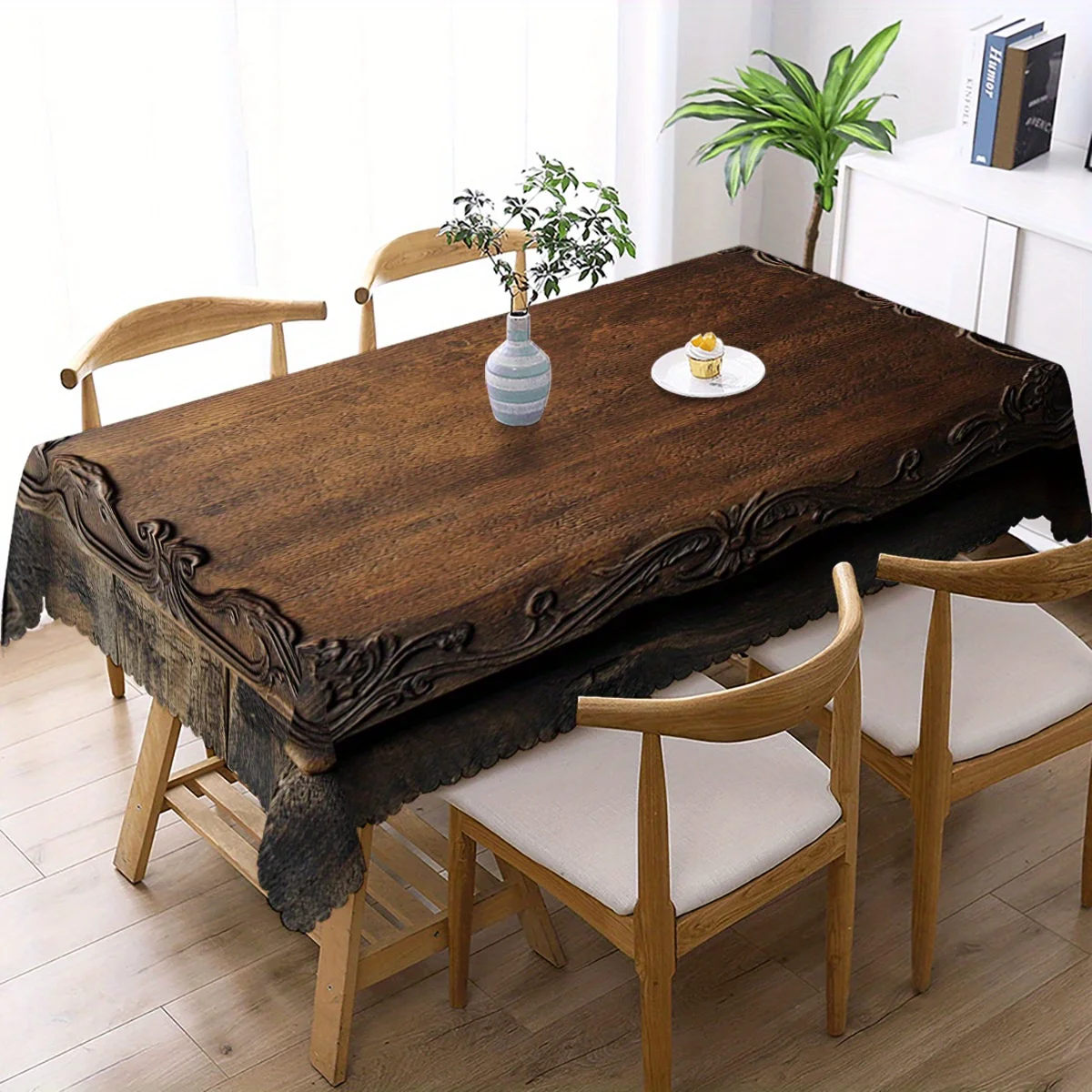 JIT, 1pc Elegant farmhouse wooden panel with carved wood grain pattern decorative rectangular tablecloth.zyc