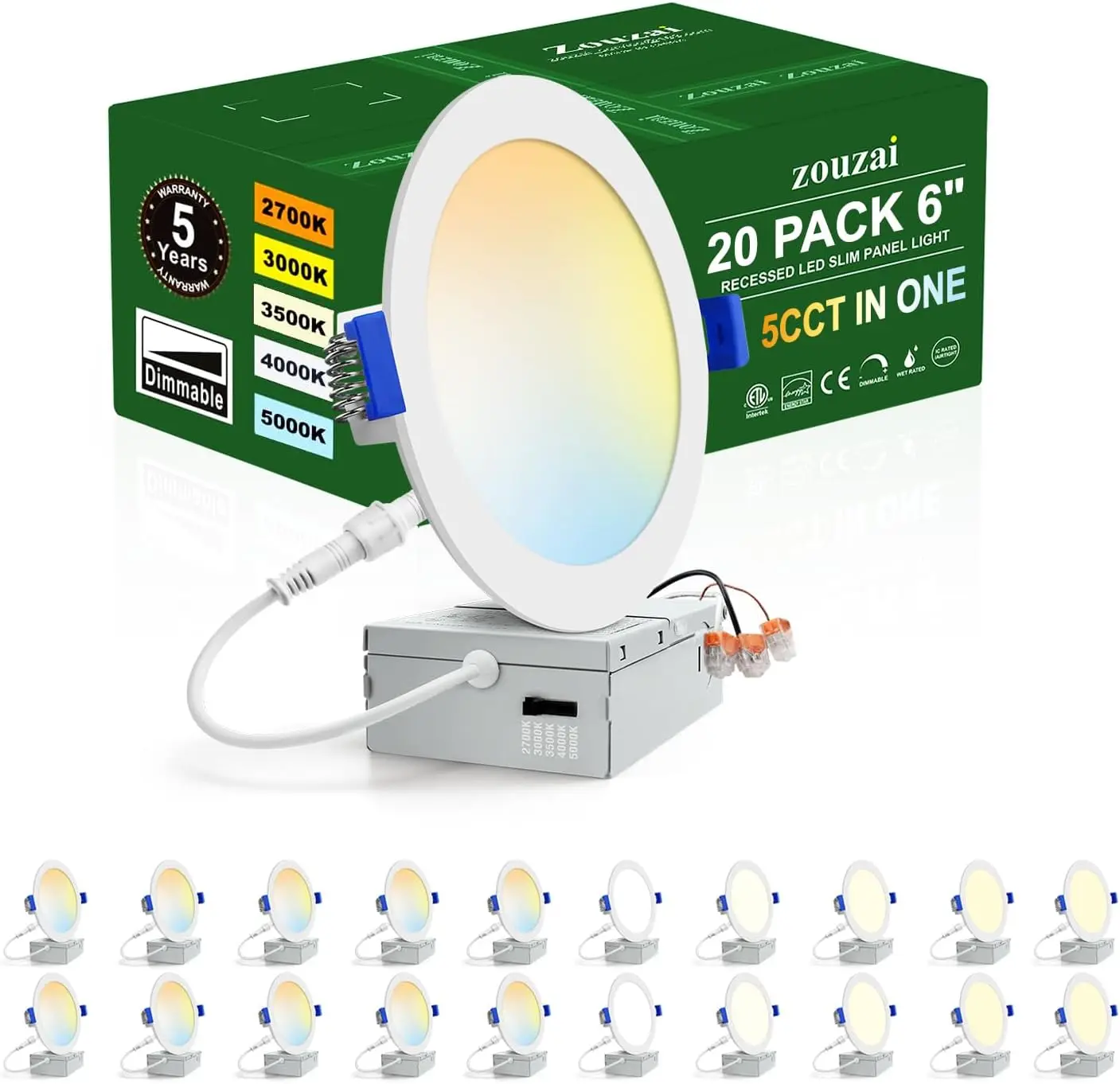 

20 Pack 6' Ultra-Thin LED Recessed Ceiling Light, 5CCT Dimmable Can-Killer Downlight with Junction Box, ETL & Energy Star