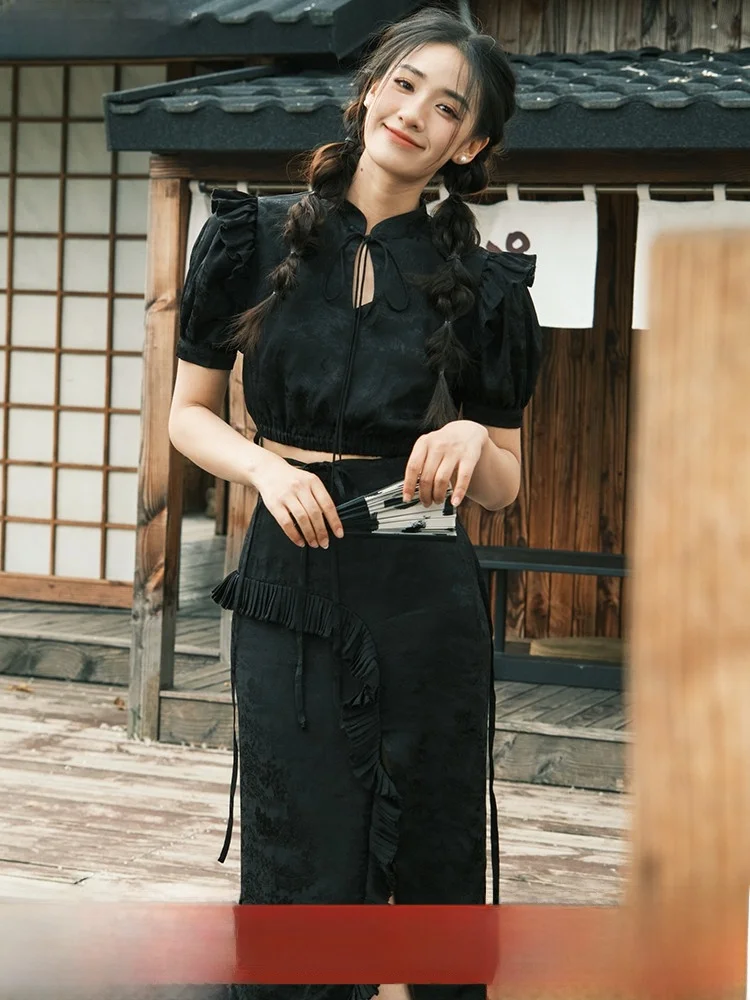 

Модный женский комплект из двух предметов в новом китайском стиле: танский костюм и ханьфу, черный, YHF-0303-304