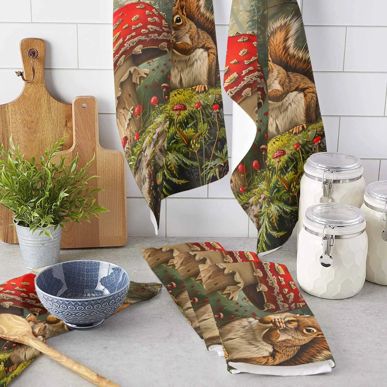 Autumn Forest Mushroom Squirrel Microfiber Towel Absorbent Kitchen Cleaning Cloth Dish Towel Household Cleaning Towel