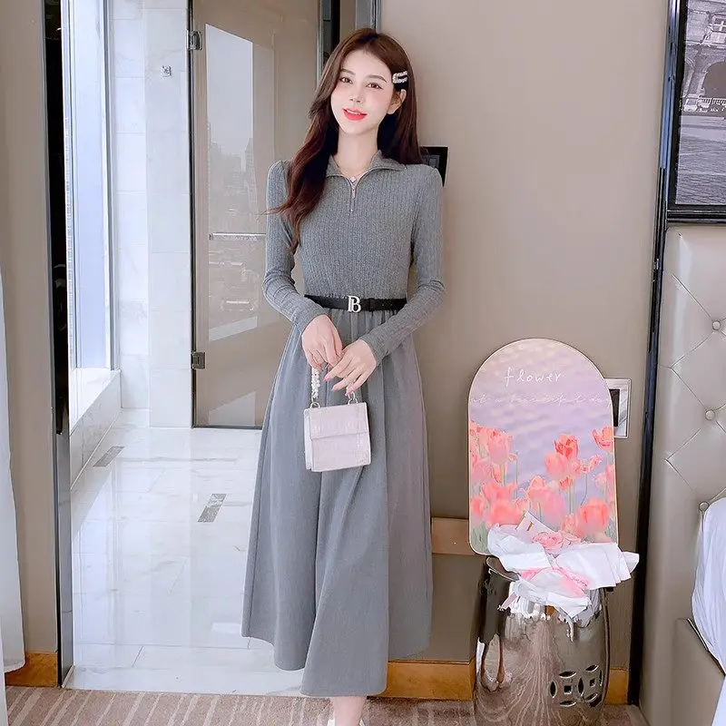 Fashionable And Elegant Knit Dress 2023 Autumn Winter New Korean Edition Zip Collar High Waist Slim Long Sleeve Long Dress Z2882