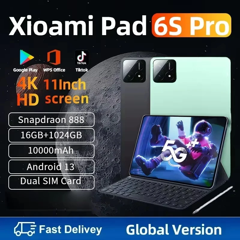 2024 Original Brand New Pad 6S Pro Global Edition Tablet PC Android 13 16GB+1TB Snapdragon 888 11 inch 5G 11 inch Wi Fi HD 4K Ta