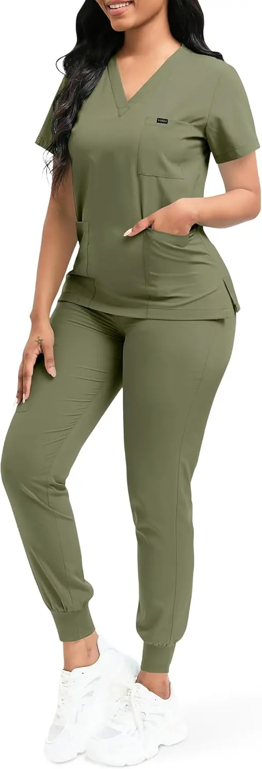 Conjunto de esfoliantes niaahinn para mulheres, top clássico com decote em V e calça jogger de ioga, uniforme de enfermagem médica, conjunto de esfoliantes