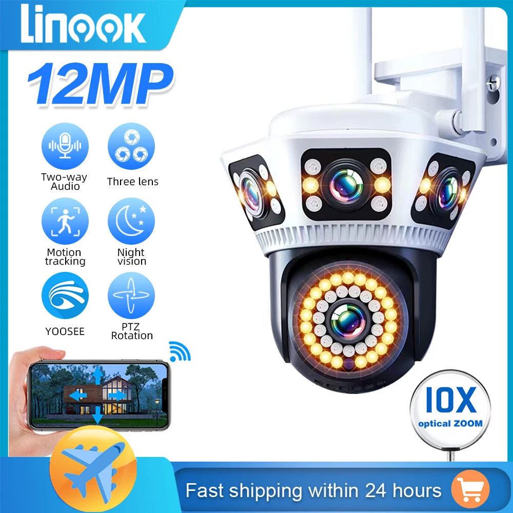 Linook 3 lenses 3 screens,yoosee 4K,12MP WIFI wireless closed-circuit television,CCTV outdoor waterproof,IP security camera,