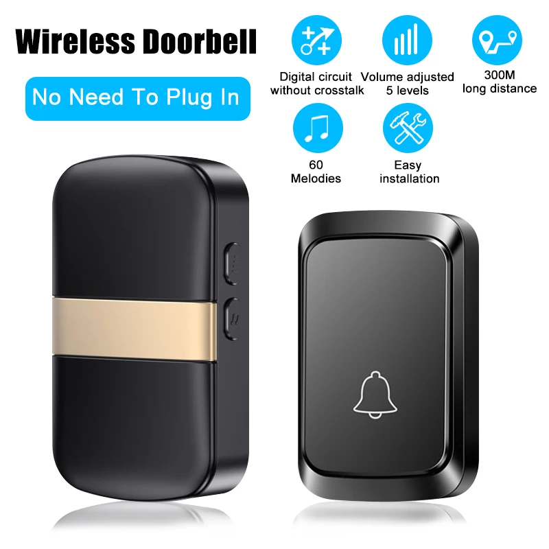 Battery Powered DC Wireless Doorbell 300M/984FT Range 60Songs Welcome Door Bell Chime Kit For Home, Store,Office ,Classroom etc.