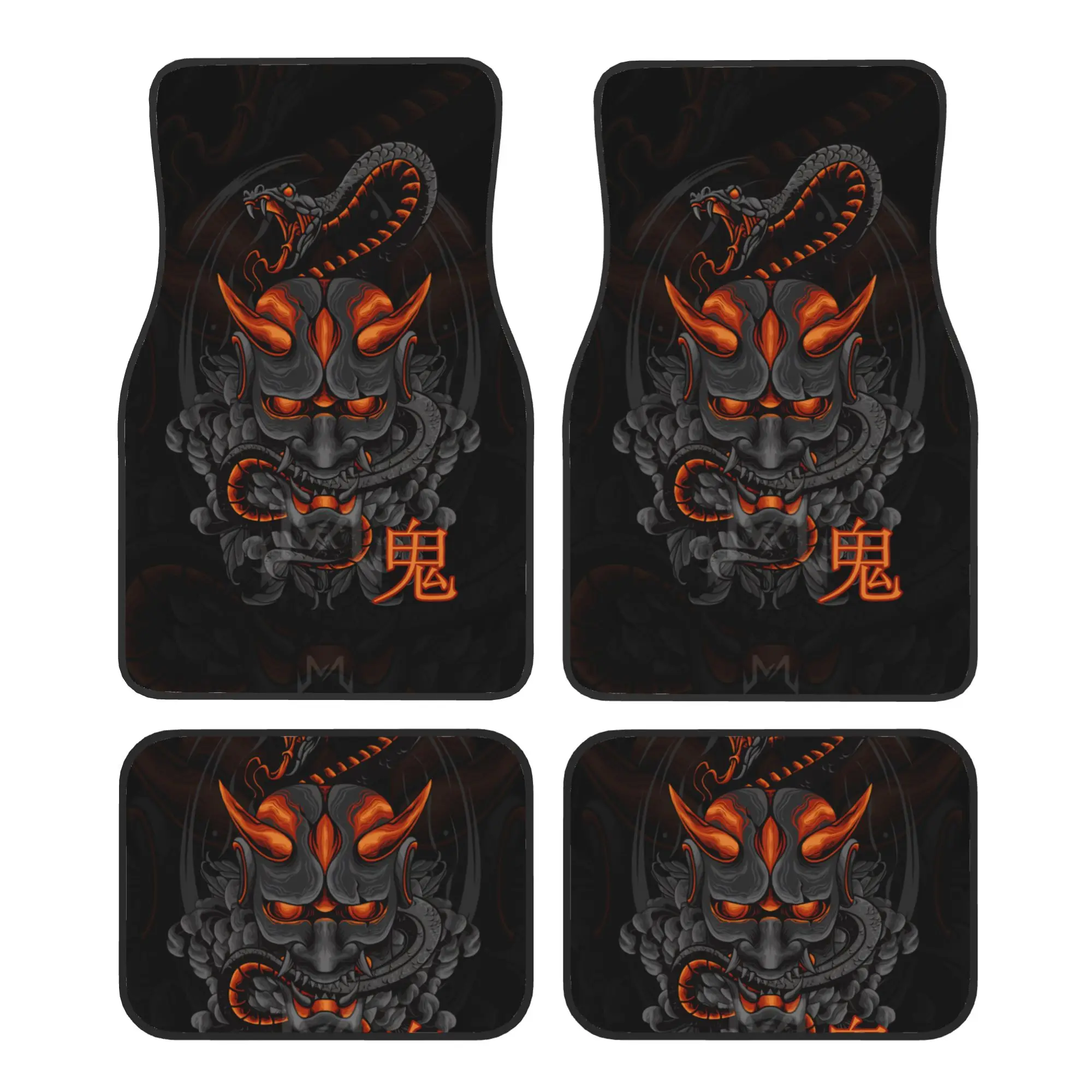 Japanese Oni Masks Snake Car Floor Mats of 4 Pieces Crystal Velvet Carpets Rugs Universal Car Front Rear Carpets Foot Mats