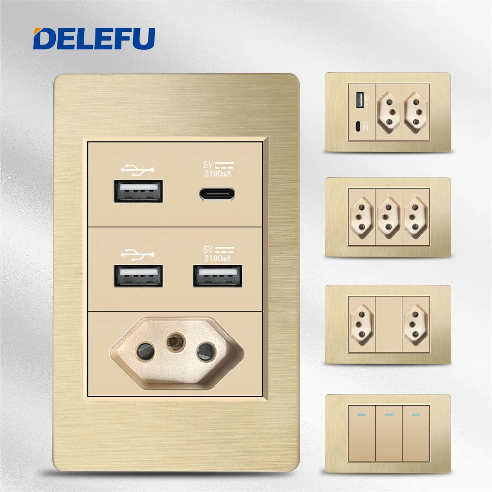 DELEFU Gold Fireproof PC Brushed Brazil Standard Socket Double USB Type C Wall Power Outlet Light On