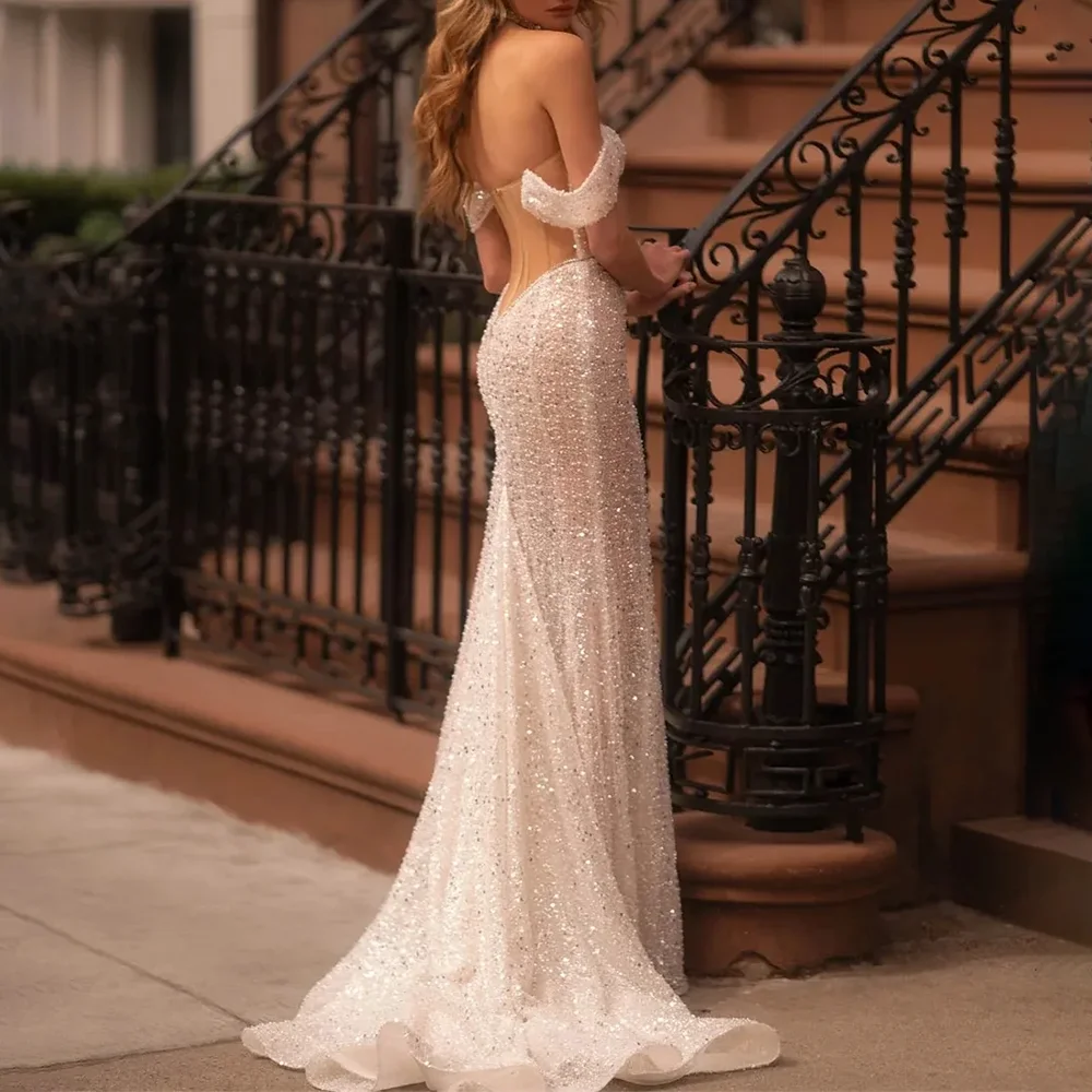 2025 Luxury Sequined Mermaid Evening Prom Dresses Off-ไหล่ชุดราตรีประดับด้วยลูกปัดBackless Party Prom Gownsที่กําหนดเอง