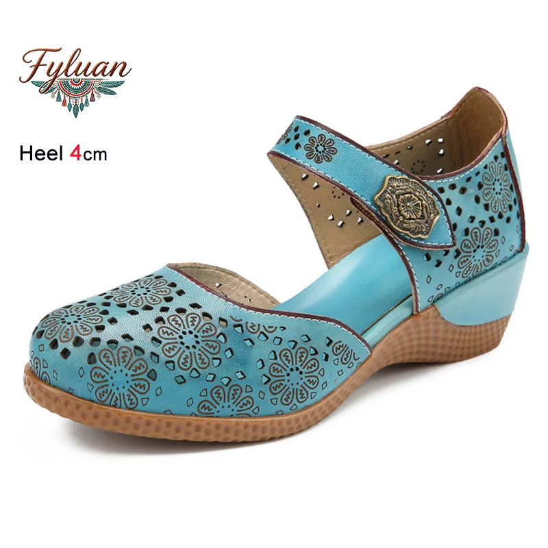 

2026 Summer Retro Handcrafted Women's Sandals Wedge Heels 4cm Hollow Out Buckle Romantic 3D Floral Round Toe Ladies Pumps Shoes