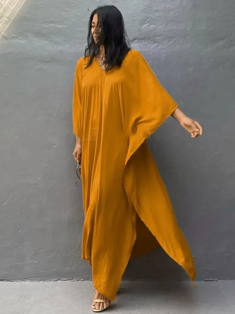 2025 新固体ビキニカバーアップ女性ビーチカバーアップ V ネックスリットカットプラスサイズビーチロングドレス夏のファッション女性ビーチウェア