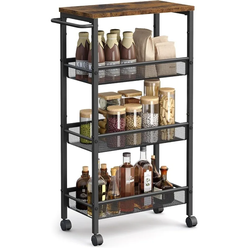 Slim Rolling Cart, 4-Tier Storage Cart, Narrow Cart with Handle, 8.7 Inches Deep, Metal Frame, for Kitchen, Dining Room