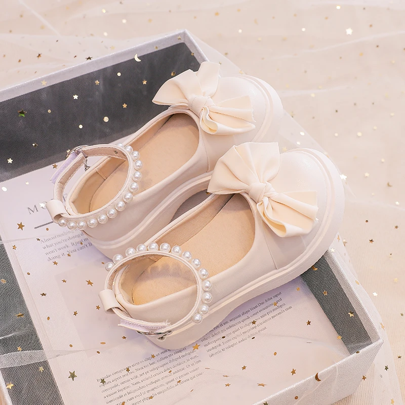 Girls Leather Shoes for Wedding Party Kids Flats Pearls Ankle Strap Shoes Children Sweet Princess School Shoes 2024 Autumn Brand