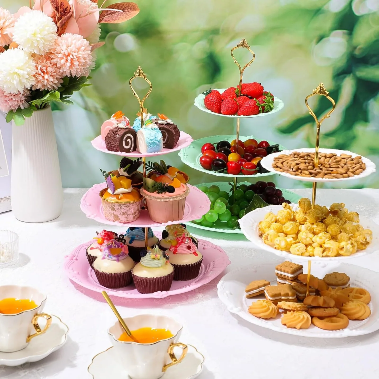 

US 6 Sets of 3 Tier Plastic Cupcake Stand Tea Party Decorations Dessert Plates Cake Fruit Candy Display Tower Wedding Birthday