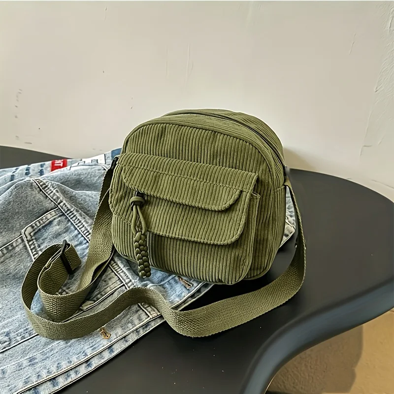 Modische Damen-Cord-Umhängetasche mit mehreren Reißverschlüssen für den täglichen Street-Style-Reiseoutfit – Detail 8