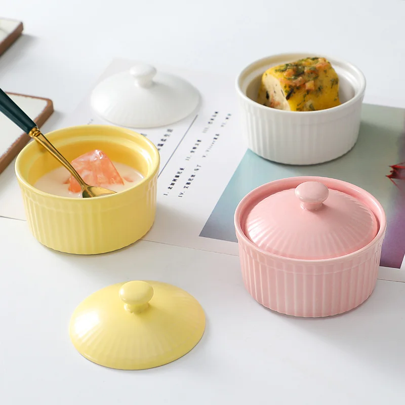 Ceramic Souffle Bowl Small Baking Bowl With Lid Stripe Cute Bowls Candy Colors Porcelain Soup Bowl Microwave Dessert Pink Bowl