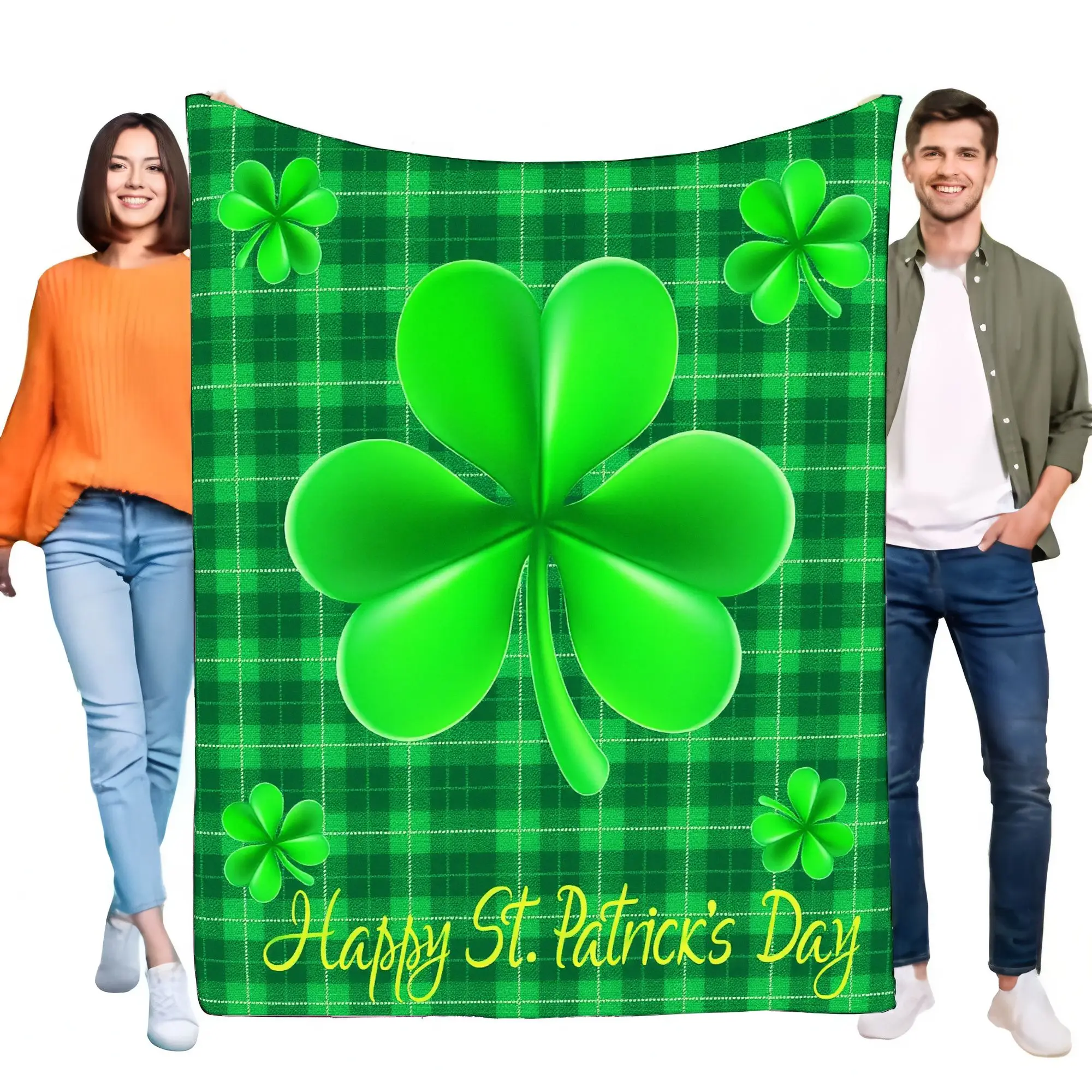 St. Patrick's Day Four-Leaf Clover Blanket Green Checkered Pattern Soft Cozy Throw Ideal for Celebrations Home Decor Perfect Gif