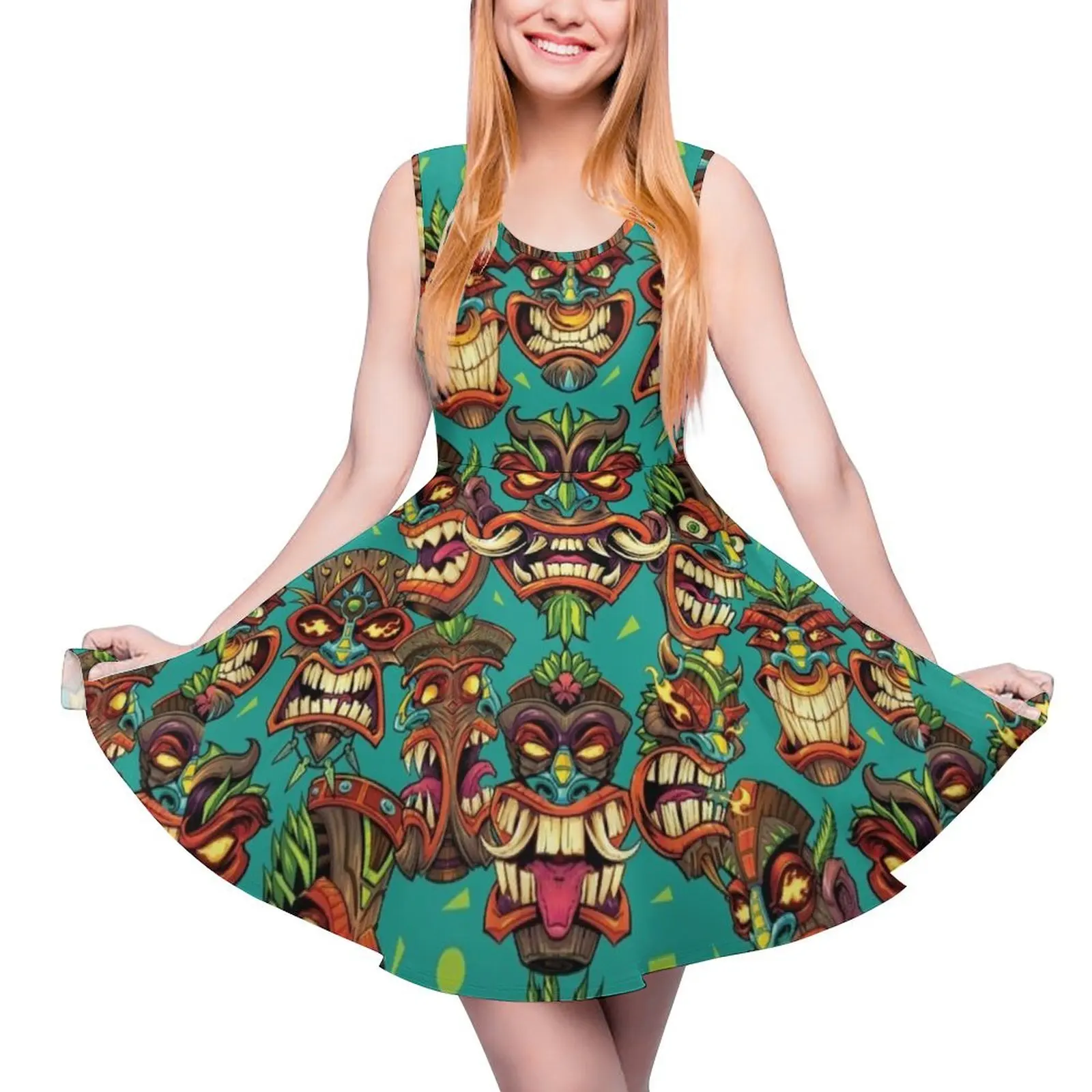 

Tiki Head Repeating Pattern Sleeveless Dress elegant dress Summer skirt