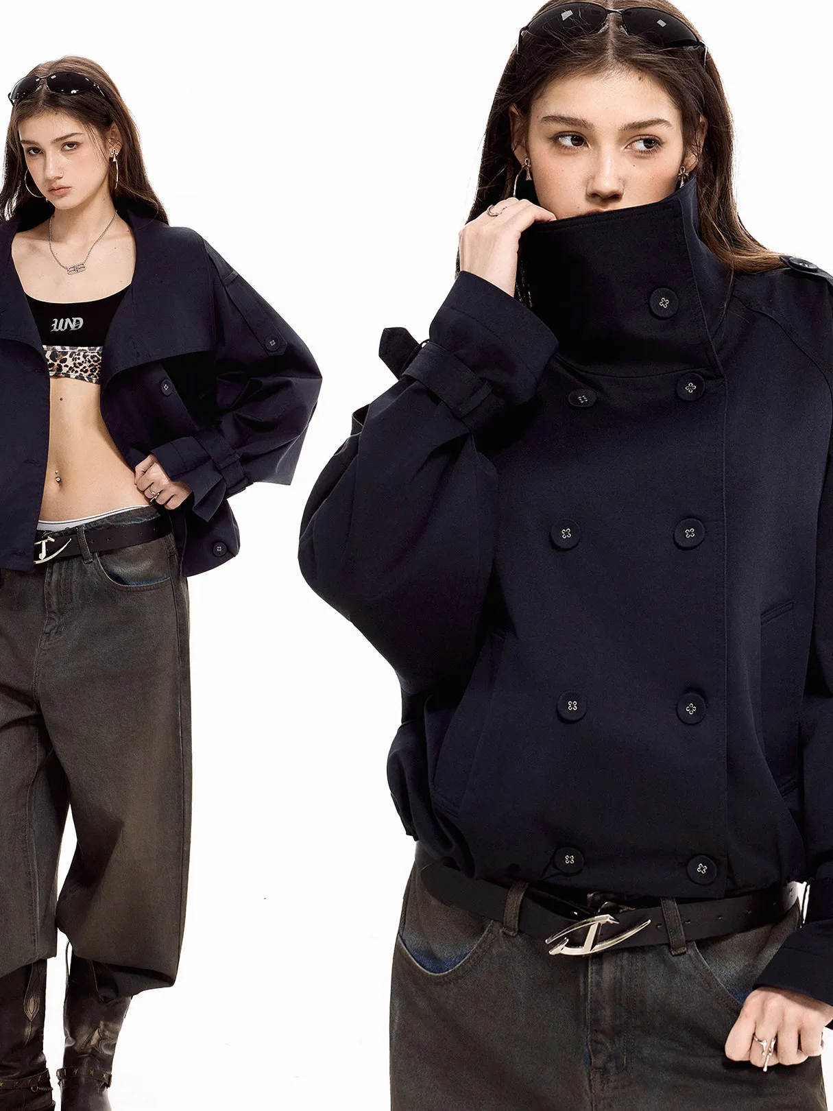 American Retro Stand Collar Coat Jacket Double Row Buttons Spring Autumn New Style Small Size Commuter Lightweight Short Length