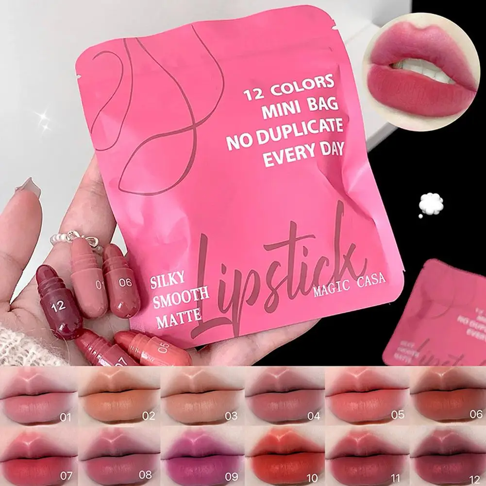 12Pcs Mini Lipstick Set,Long-Lasting Matte Velvet Lipstick,Creamy Texture,Non-sticky Cup Design