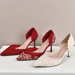 Luxury Red White Lace Embroidery High Heel Bride Shoes Woman Brand Design Pointed Toe Stiletto Pump Ladies Wedding Dress Zapatos