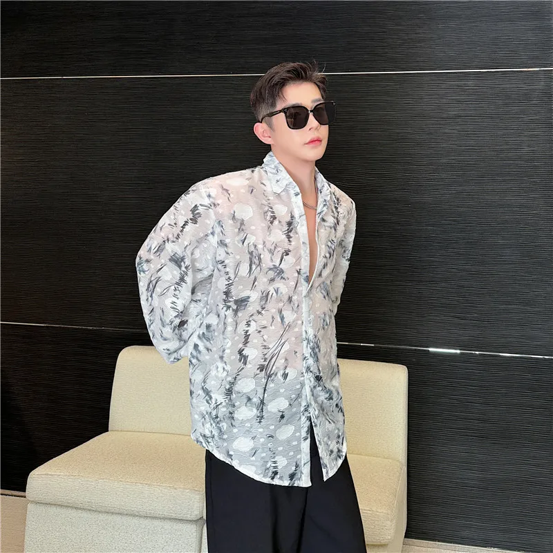 Summer Ink Painting Flower Shirt Men's Long-Sleeve Fashionable Sun Protection Shirts Casual Single Row Multi-Buckle Shirt