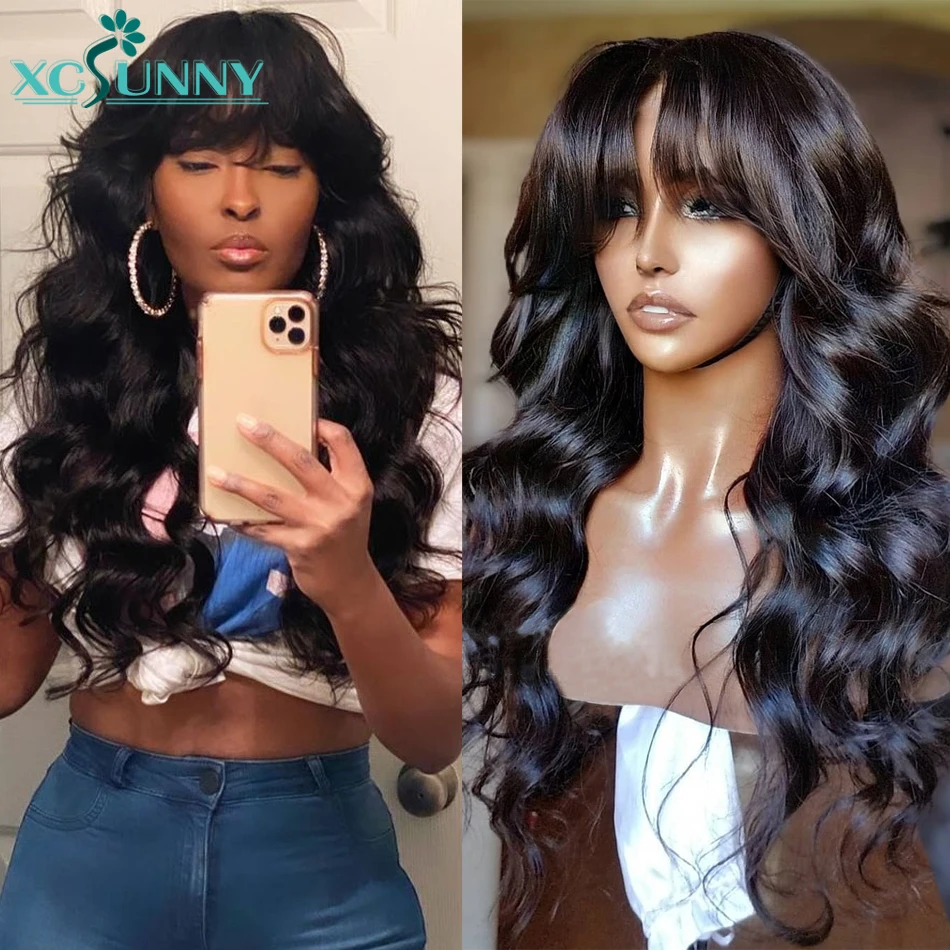 

Body Wave Wig With Bangs Remy Brazilian Bangs Wig Human O Scalp Top Full Machine Made Wig Wavy Human Hair Wig For Women Xcsunny