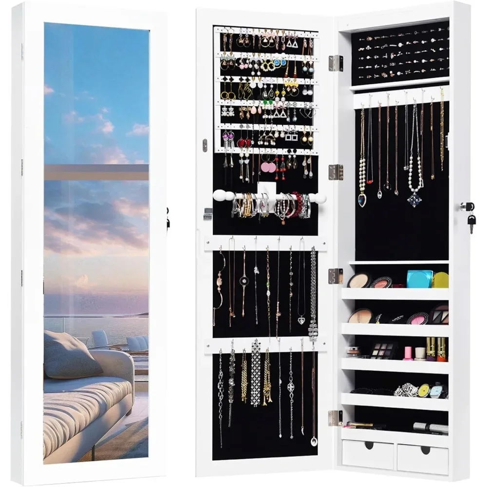 

Jewelry Armoire Cabinet Wall Mounted Door Hanging, Lockable Jewelry Cabinet with Full Length Mirror, 15 LED Lights,