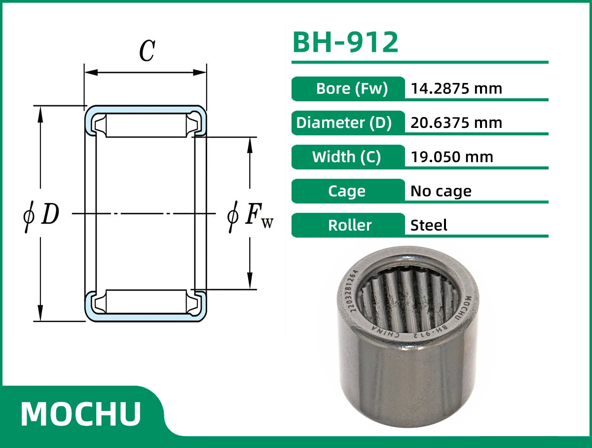 MOCHU BH-912 Needle Roller Bearing Full Complement Drawn Cup Open  9/16