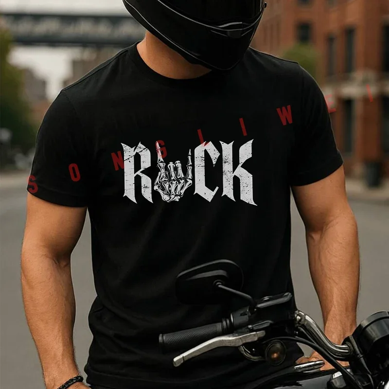 Iconic Rock Hand Gesture & Distressed ROCK Logo Print Motorcycle T-Shirt Men Hip Hop Unisex Casual Fashion Short Sleeve Tops