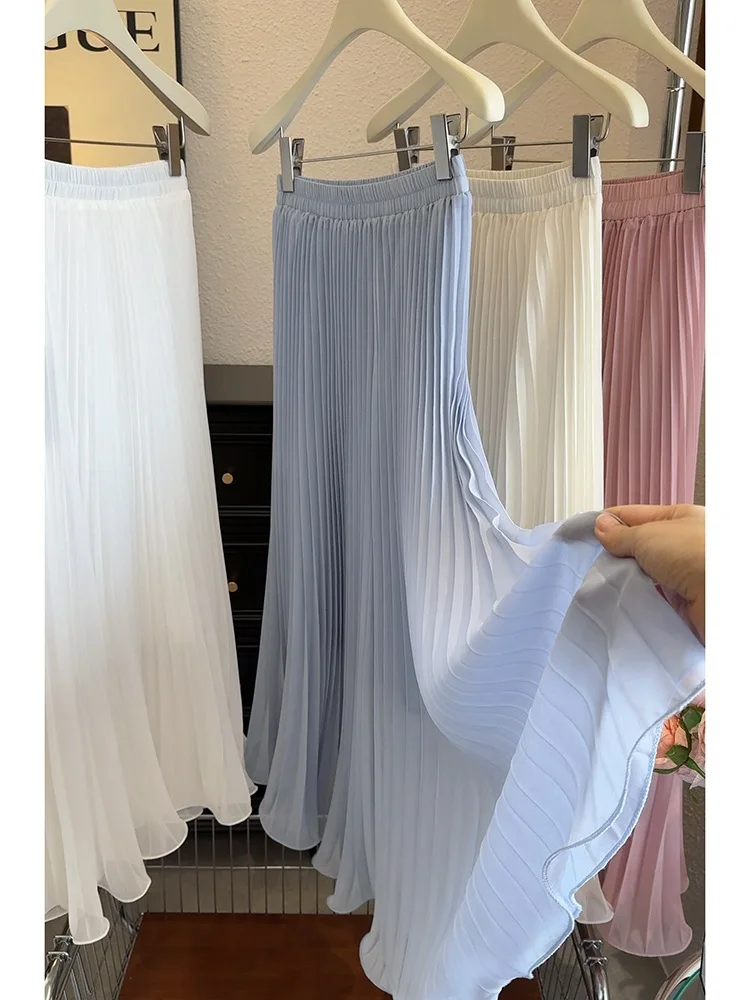 Sanfte Elegante Chiffon Plieated Röcke Für Frauen Sommer Neue Hohe Taille Lose Temperament Lange Röcke Einfache Casual Pendeln Rock