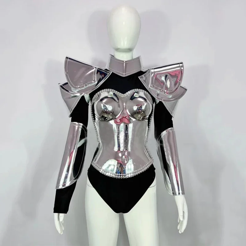 Punk Style Silver Laser Bodysuit Women Pole Dance Clothes Nightclub DJ Gogo Costume Rave Outfit Stage Performance Wear XS5959