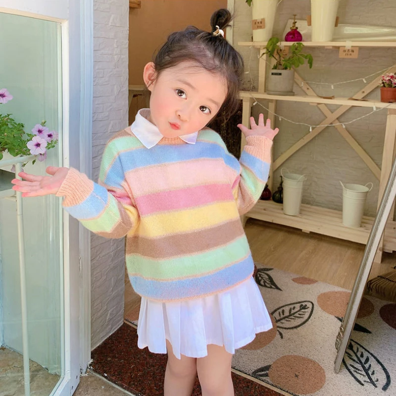 Mother And Daughter Sweater Mom Baby Girl Matching Family Knitted Jumper Women\'s Sweaters Fashion Rainbow Kids Knit Pullover Top